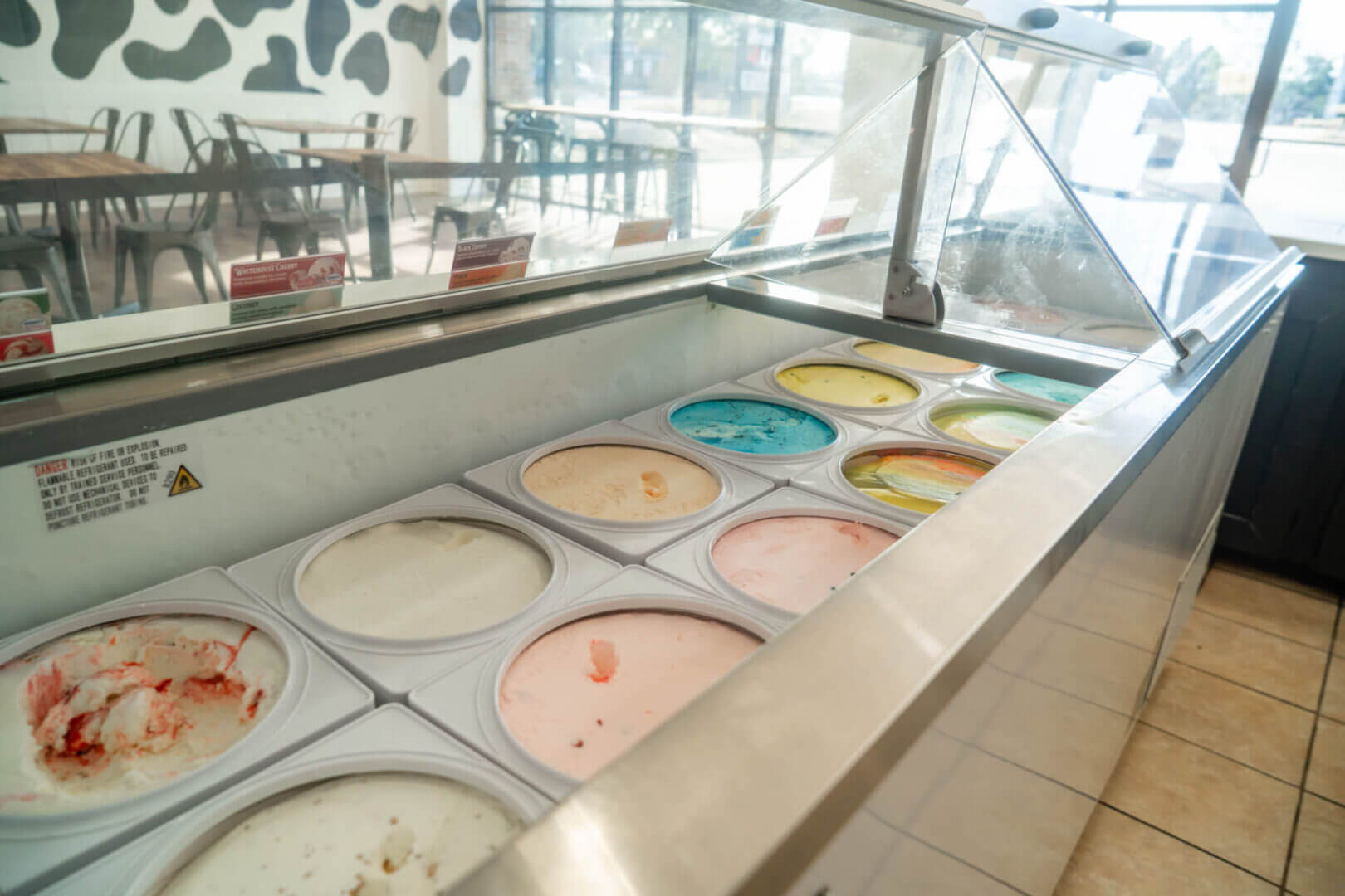 Ice cream parlor with multiple flavor options.